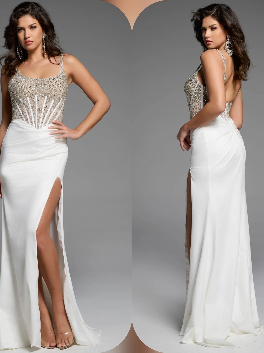 Jovani White and Gold Beaded Backless Evening Gown